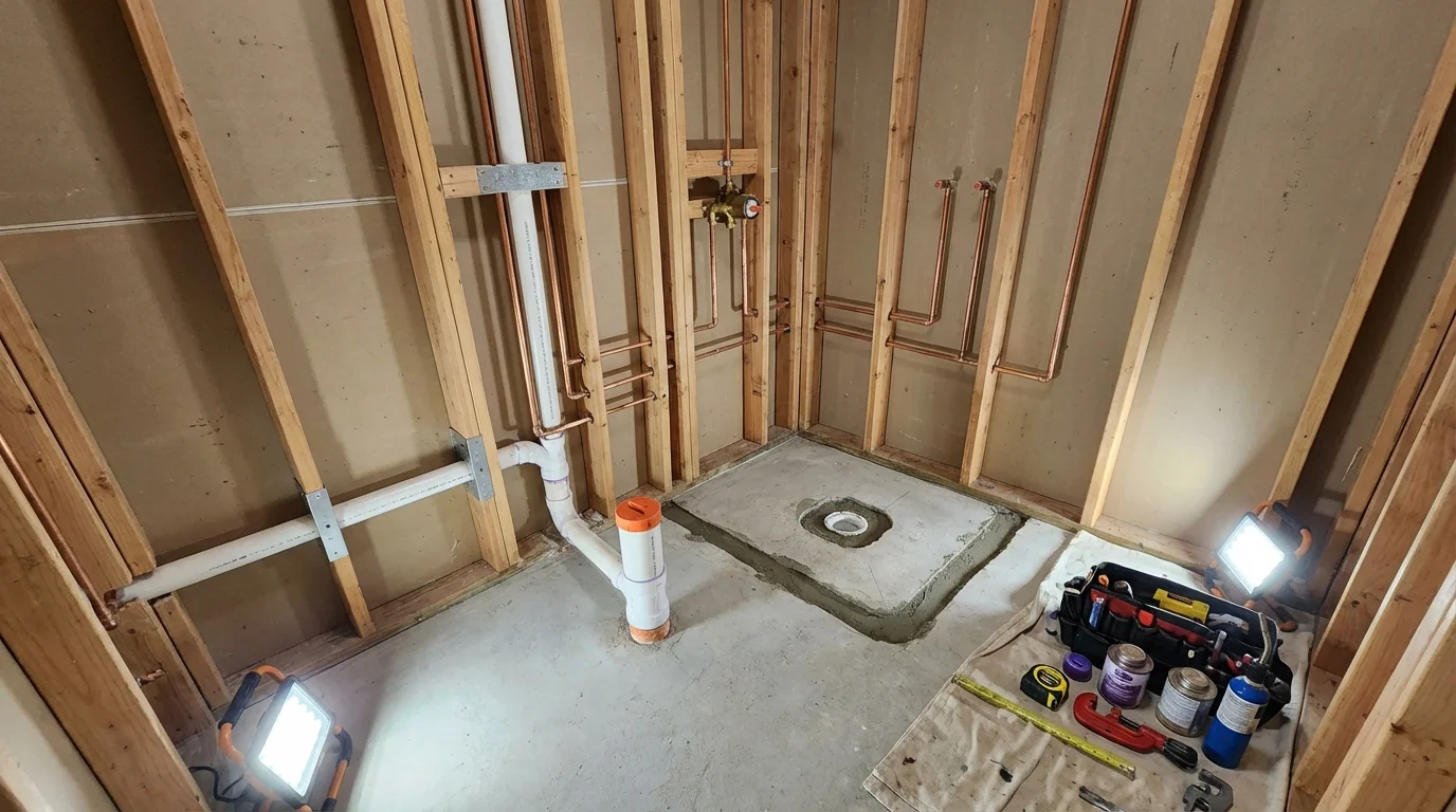 Bathroom rough-in plumbing during remodel by Johns Plumbing LLC in Peculiar