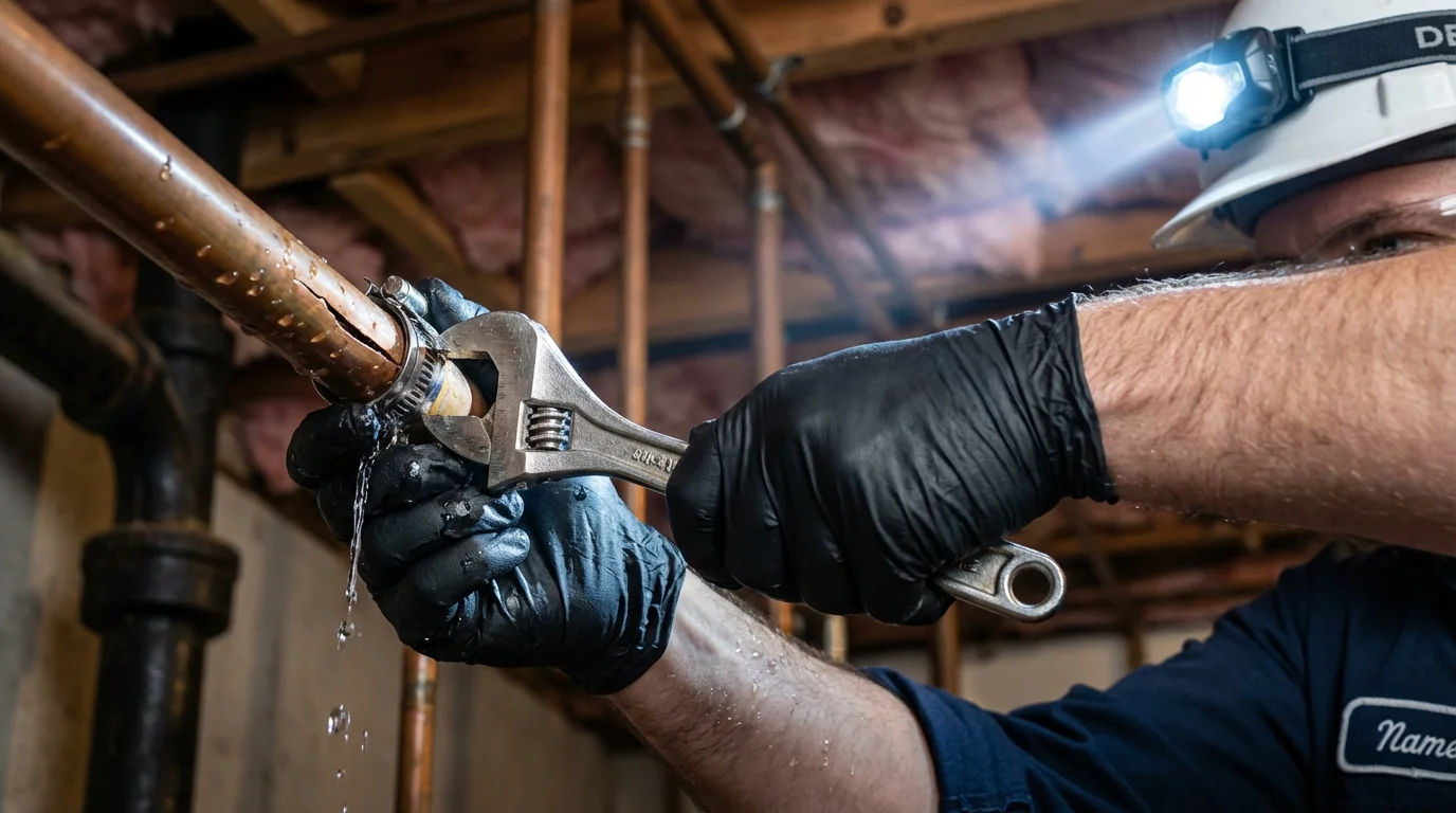 Emergency pipe clamp repair being performed by a Johns Plumbing LLC plumber in Peculiar