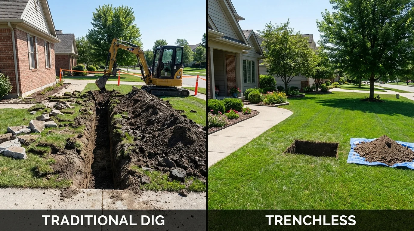 Trenchless sewer repair with minimal yard damage versus traditional excavation in Peculiar, MO