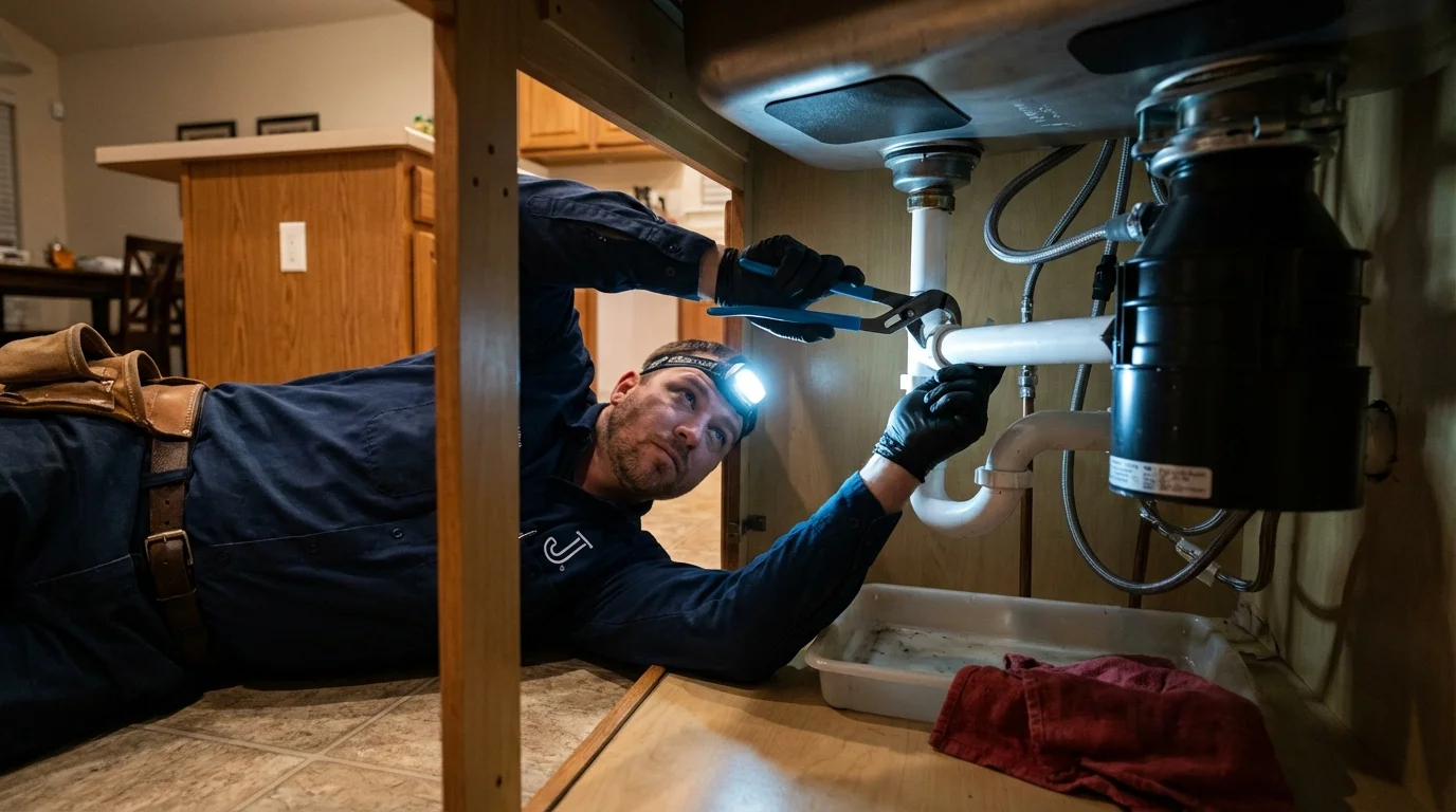 P-trap and supply line connections under a kitchen sink showing a common leak point in Peculiar, MO